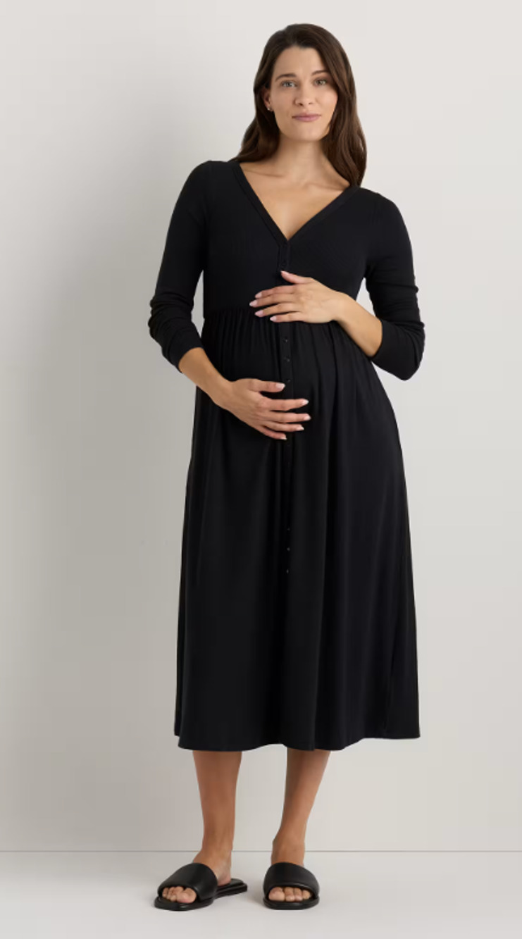 Quince Bamboo Rib Maternity Long Sleeve Button Front Dress Size XL Black Nursing